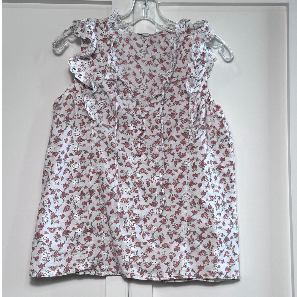 Jennifer Grace Womens Medium Cotton Eyelet Floral Blouse Pink Green Scalloped